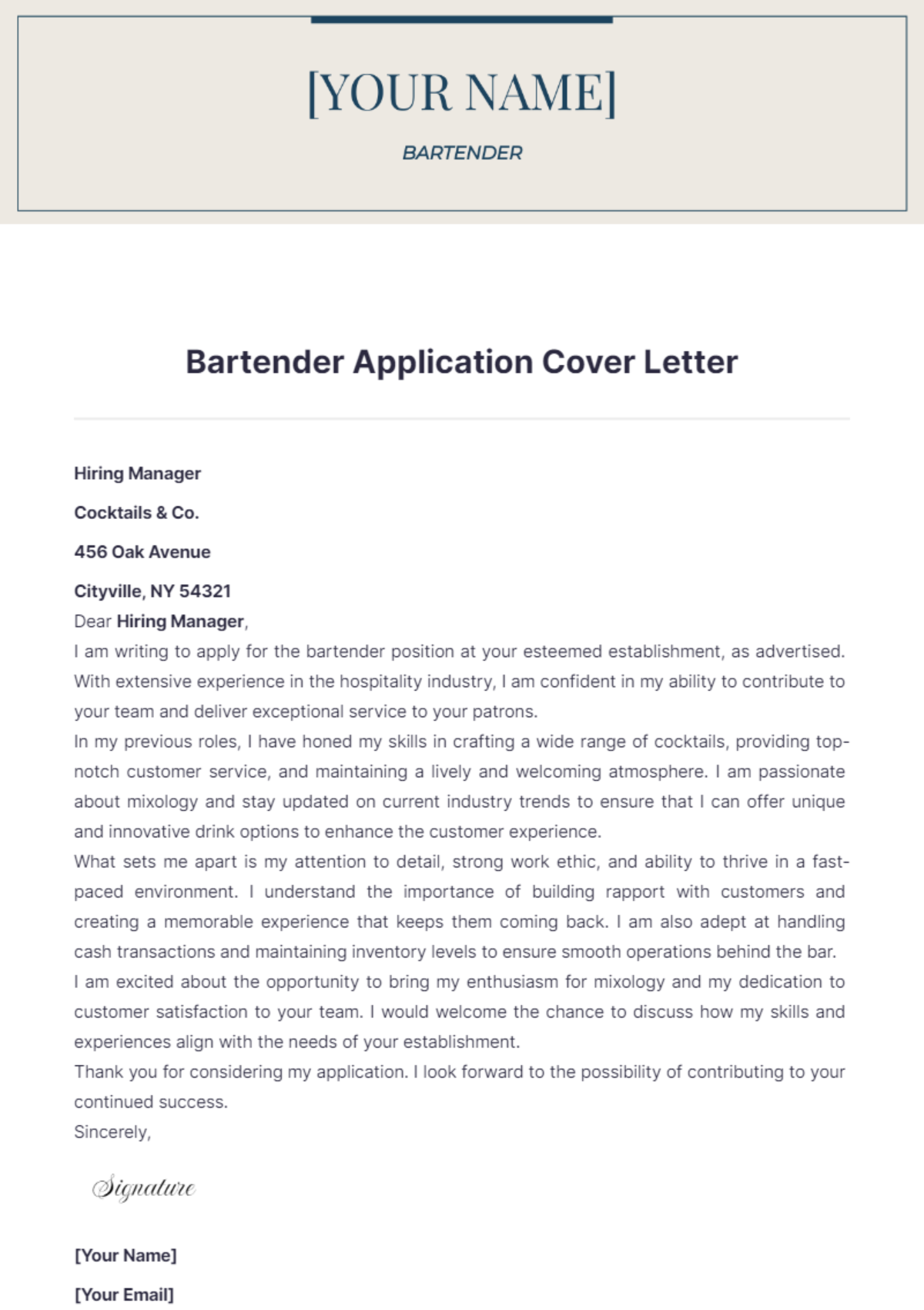 bartender application cover letter