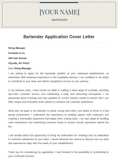 Free Bartender Application Cover Letter to Edit Online