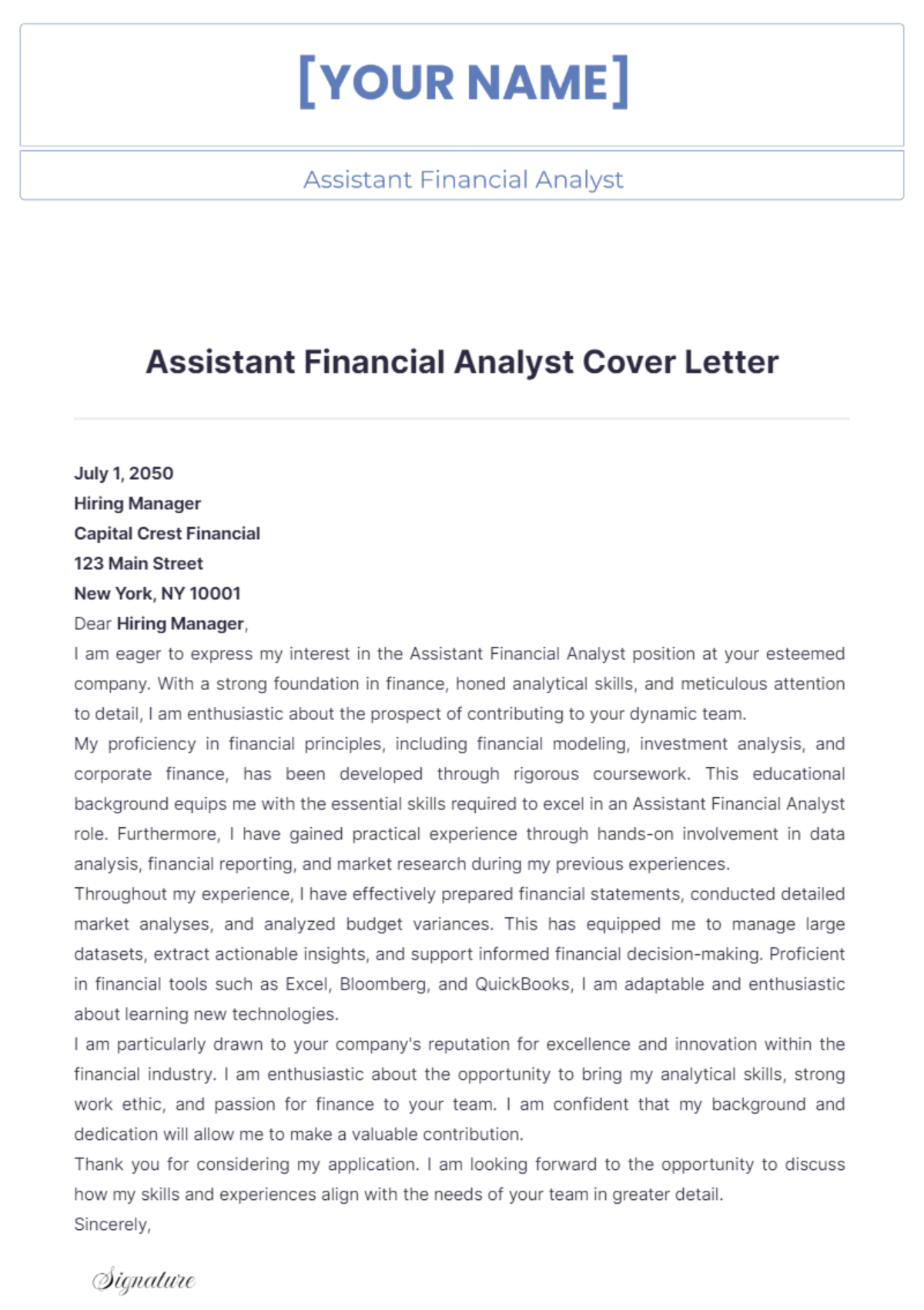 Assistant Financial Analyst Cover Letter