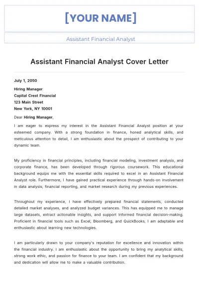 Free Assistant Financial Analyst Cover Letter to Edit Online