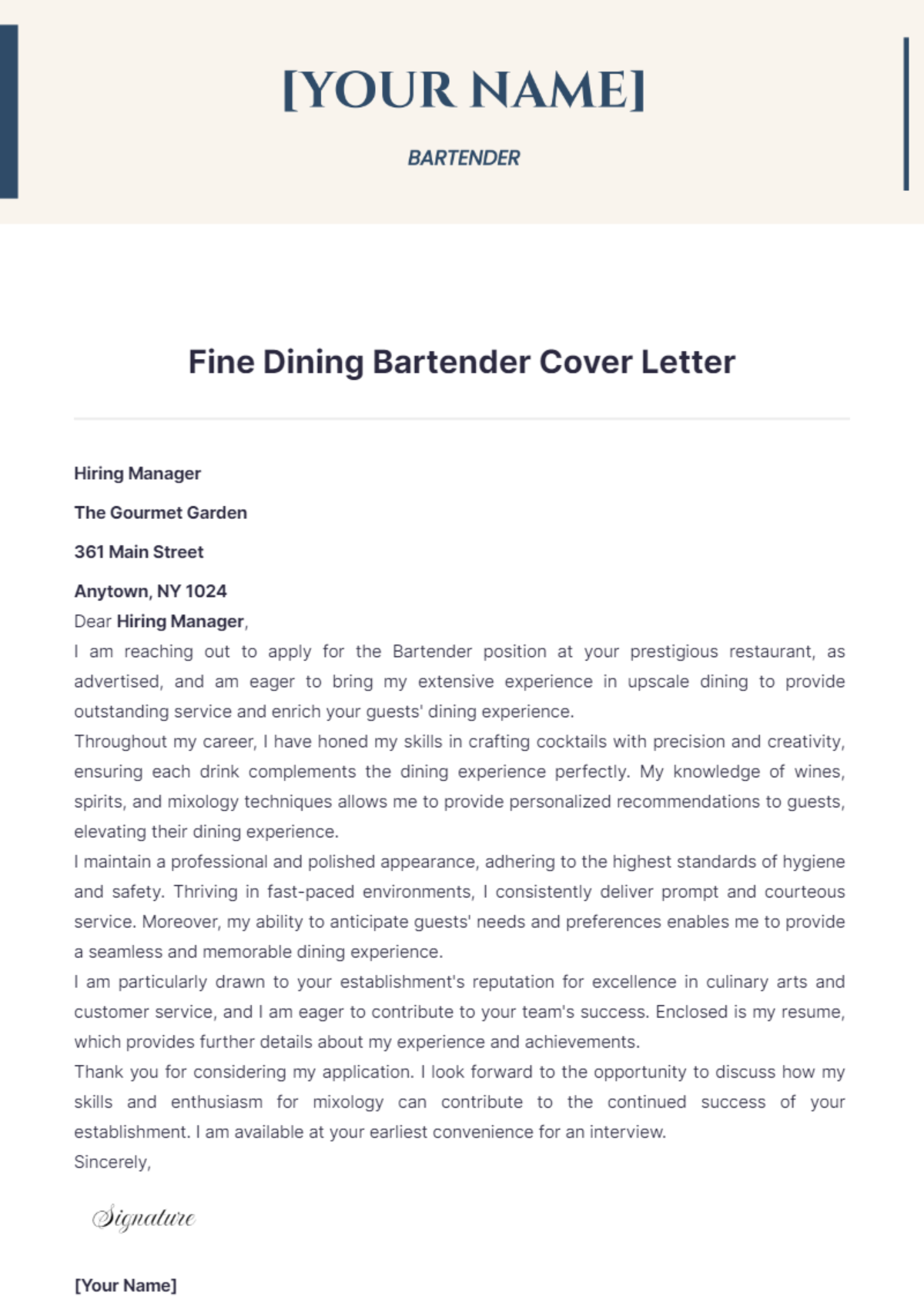 Fine Dining Bartender Cover Letter - Edit Online & Download