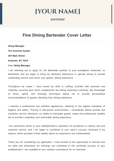 Free Fine Dining Bartender Cover Letter to Edit Online