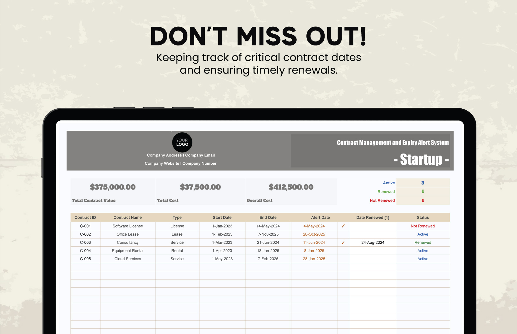 Startup Contract Management and Expiry Alert System Template