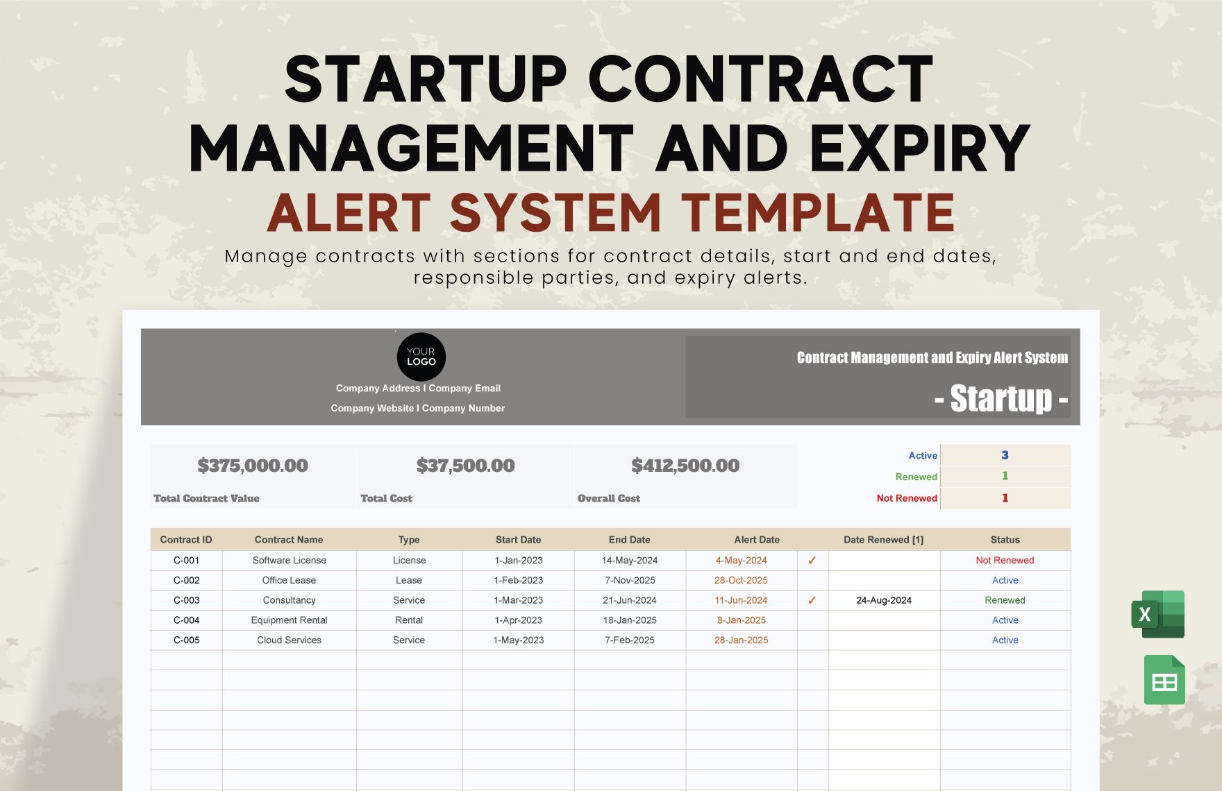 Startup Contract Management and Expiry Alert System Template in Excel, Google Sheets