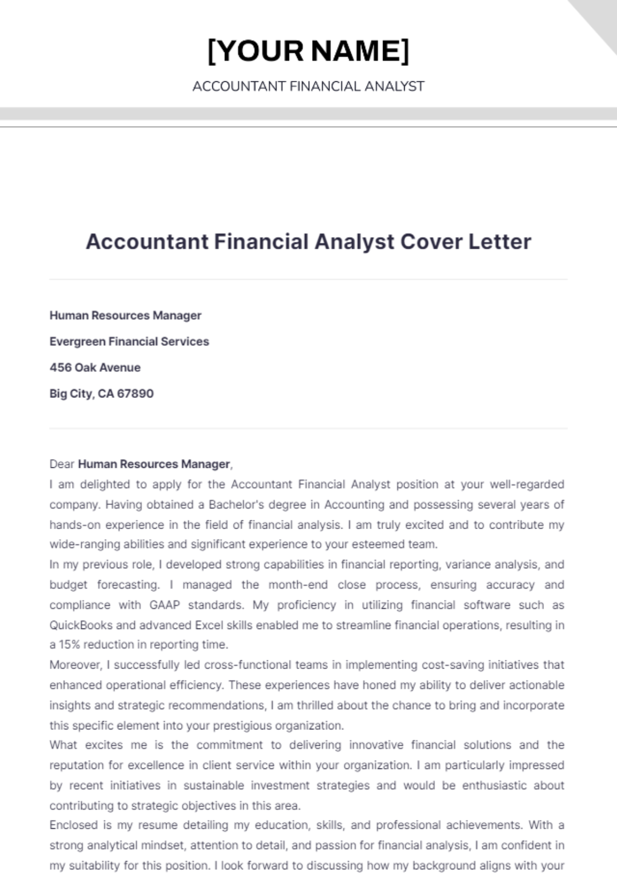 Accountant Financial Analyst Cover Letter