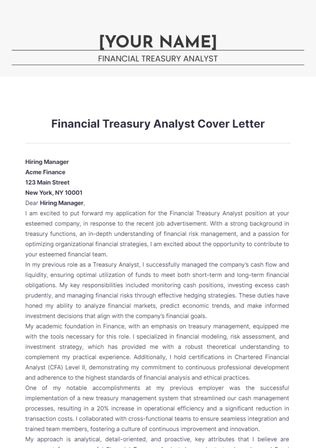 Financial Treasury Analyst Cover Letter