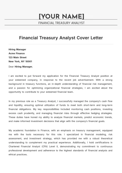 Free Financial Treasury Analyst Cover Letter to Edit Online