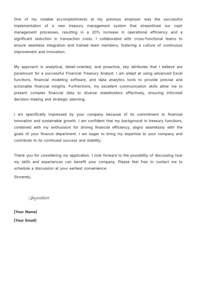 Free Financial Treasury Analyst Cover Letter to Edit Online