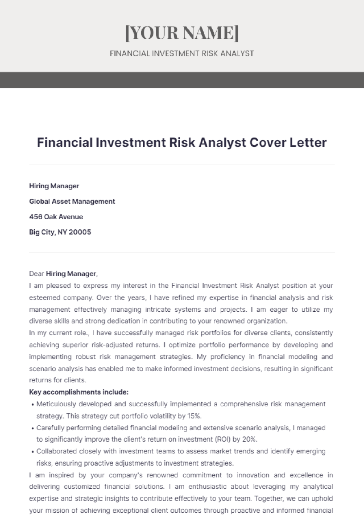 Financial Investment Risk Analyst Cover Letter - Edit Online & Download