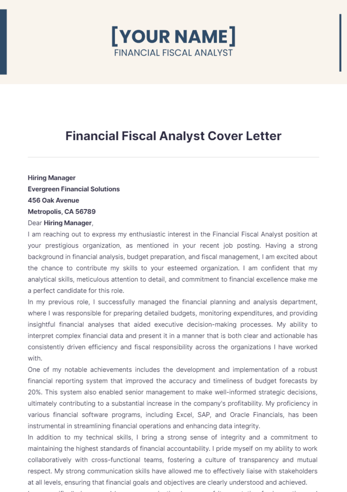 Financial Fiscal Analyst Cover Letter