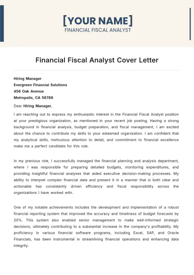 Free Financial Fiscal Analyst Cover Letter to Edit Online