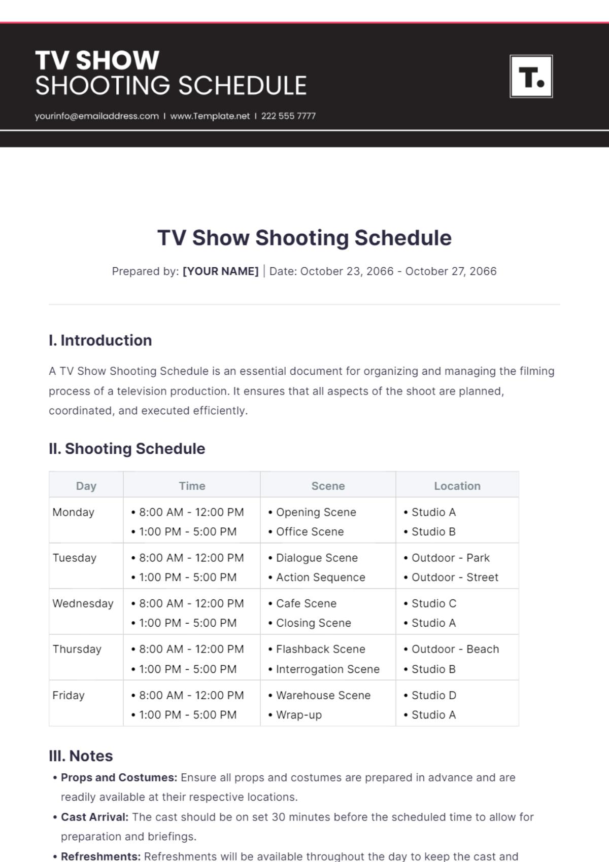 TV Show Shooting Schedule Template - Edit Online & Download