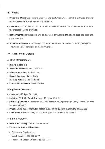 Free TV Show Shooting Schedule Template to Edit Online