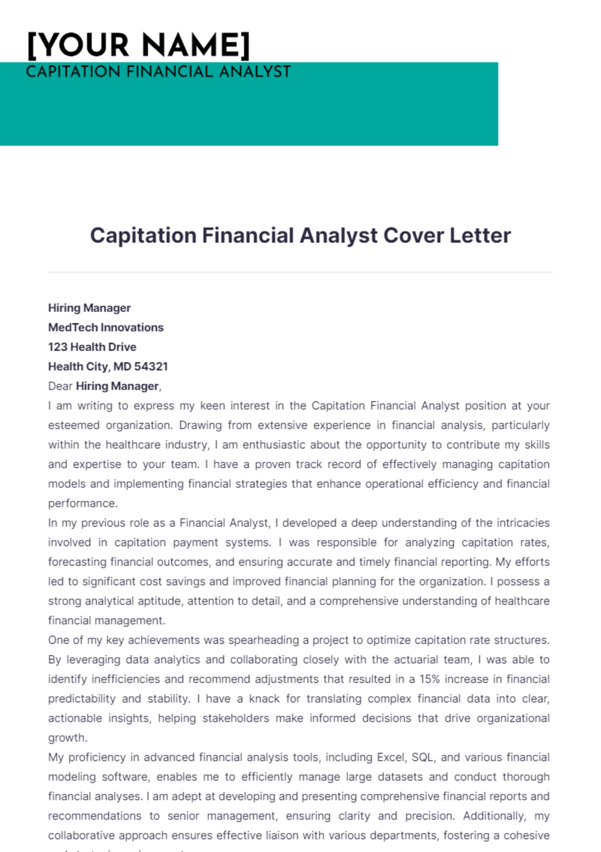 Capitation Financial Analyst Cover Letter