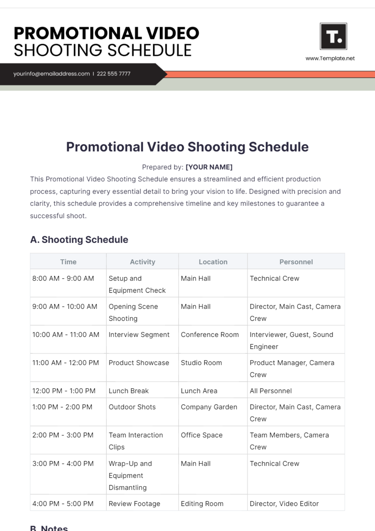 Promotional Video Shooting Schedule Template - Edit Online & Download