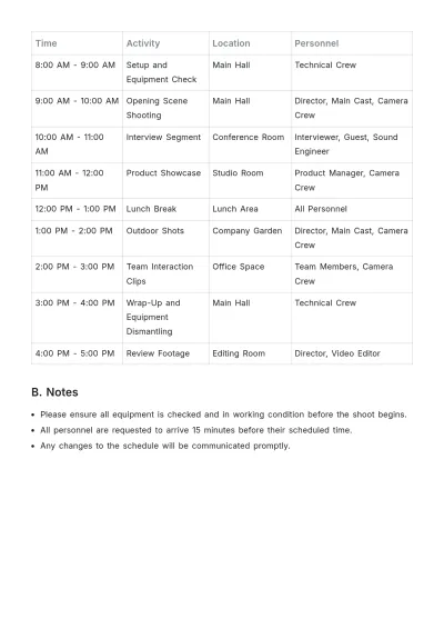 Free Promotional Video Shooting Schedule Template to Edit Online