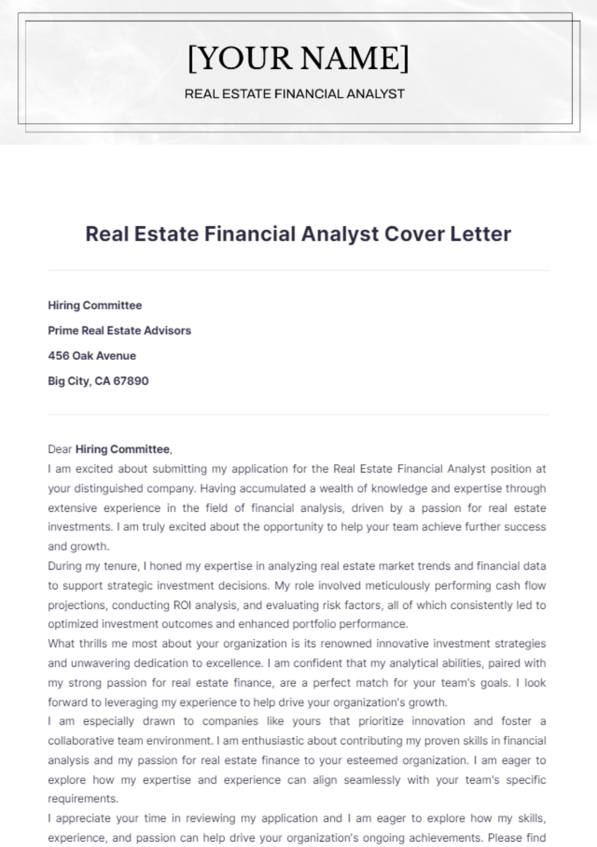 Real Estate Financial Analyst Cover Letter - Edit Online & Download