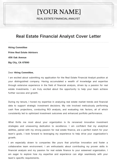 Free Real Estate Financial Analyst Cover Letter to Edit Online