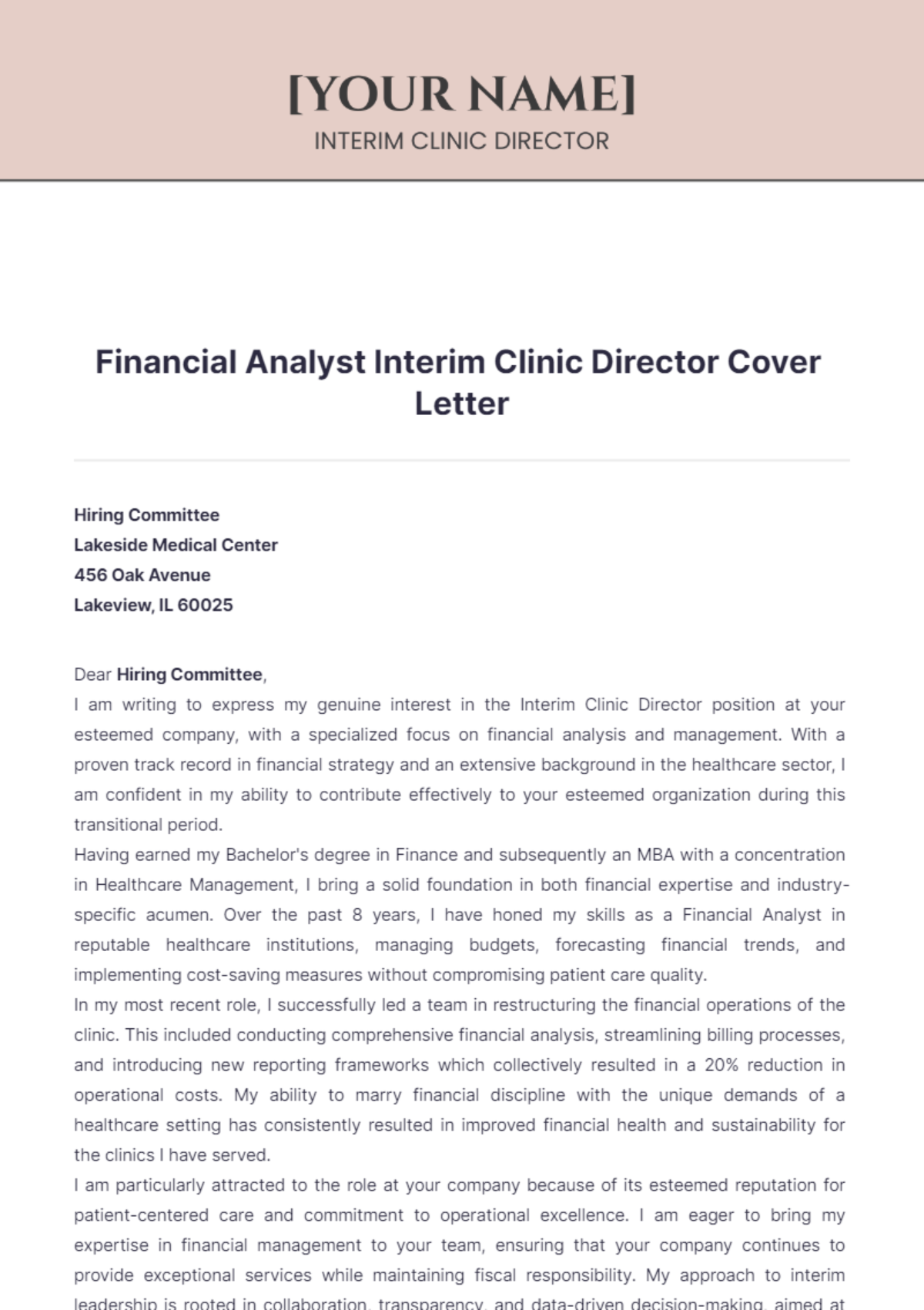 Financial Analyst Interim Clinic Director Cover Letter