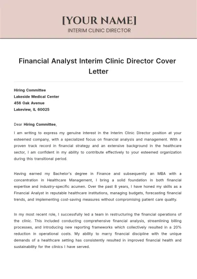 Free Financial Analyst Interim Clinic Director Cover Letter to Edit Online