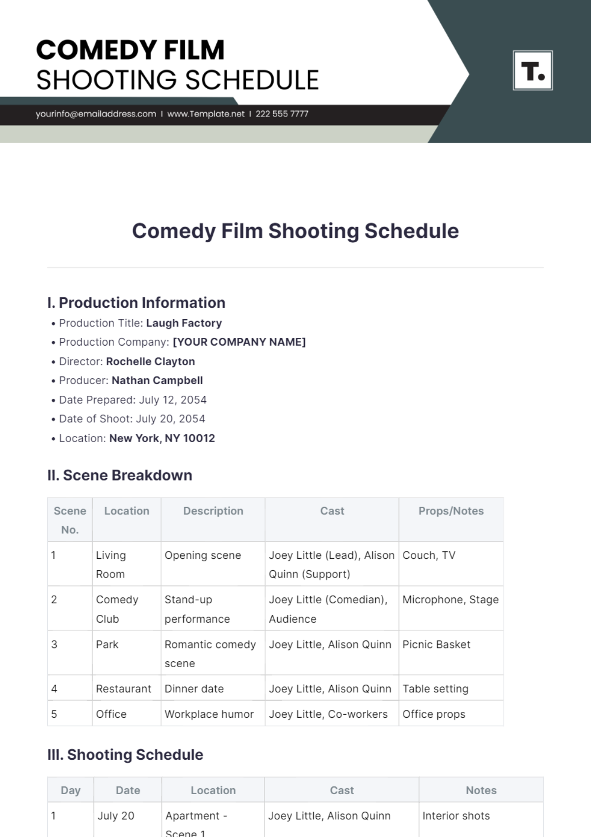 Comedy Film Shooting Schedule Template - Edit Online & Download