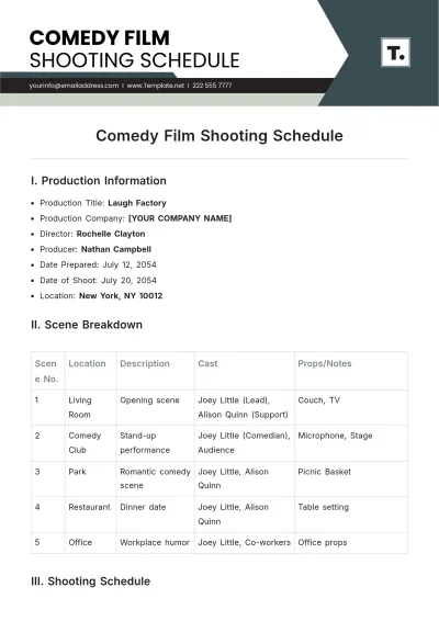 Free Comedy Film Shooting Schedule Template to Edit Online
