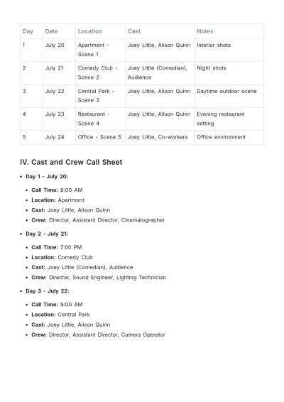 Free Comedy Film Shooting Schedule Template to Edit Online