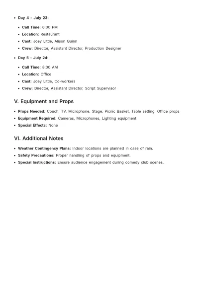Free Comedy Film Shooting Schedule Template to Edit Online