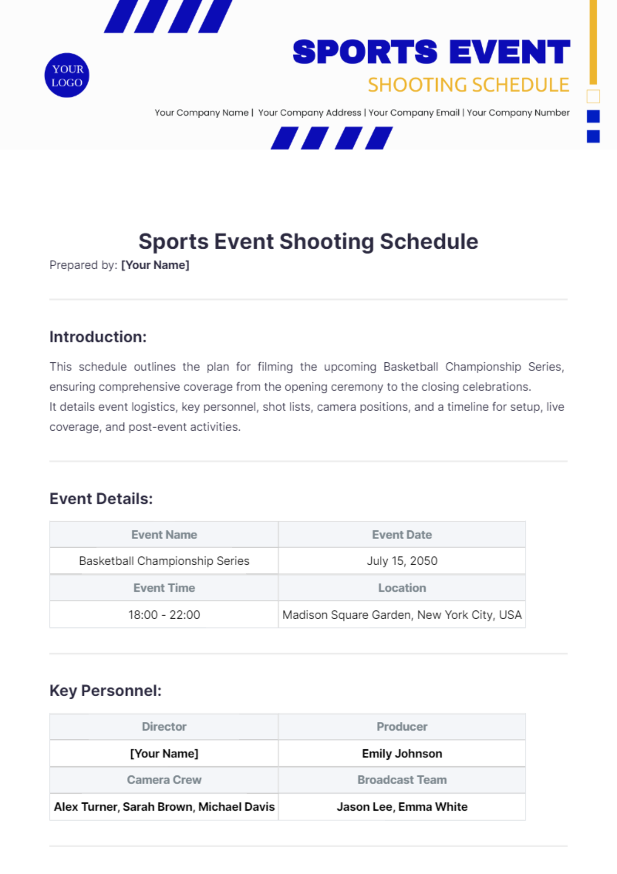 Sports Event Shooting Schedule Template - Edit Online & Download