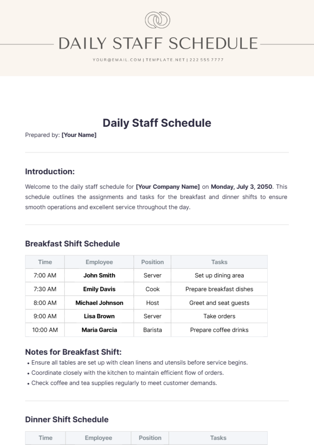 Daily Staff Schedule Template - Edit Online & Download