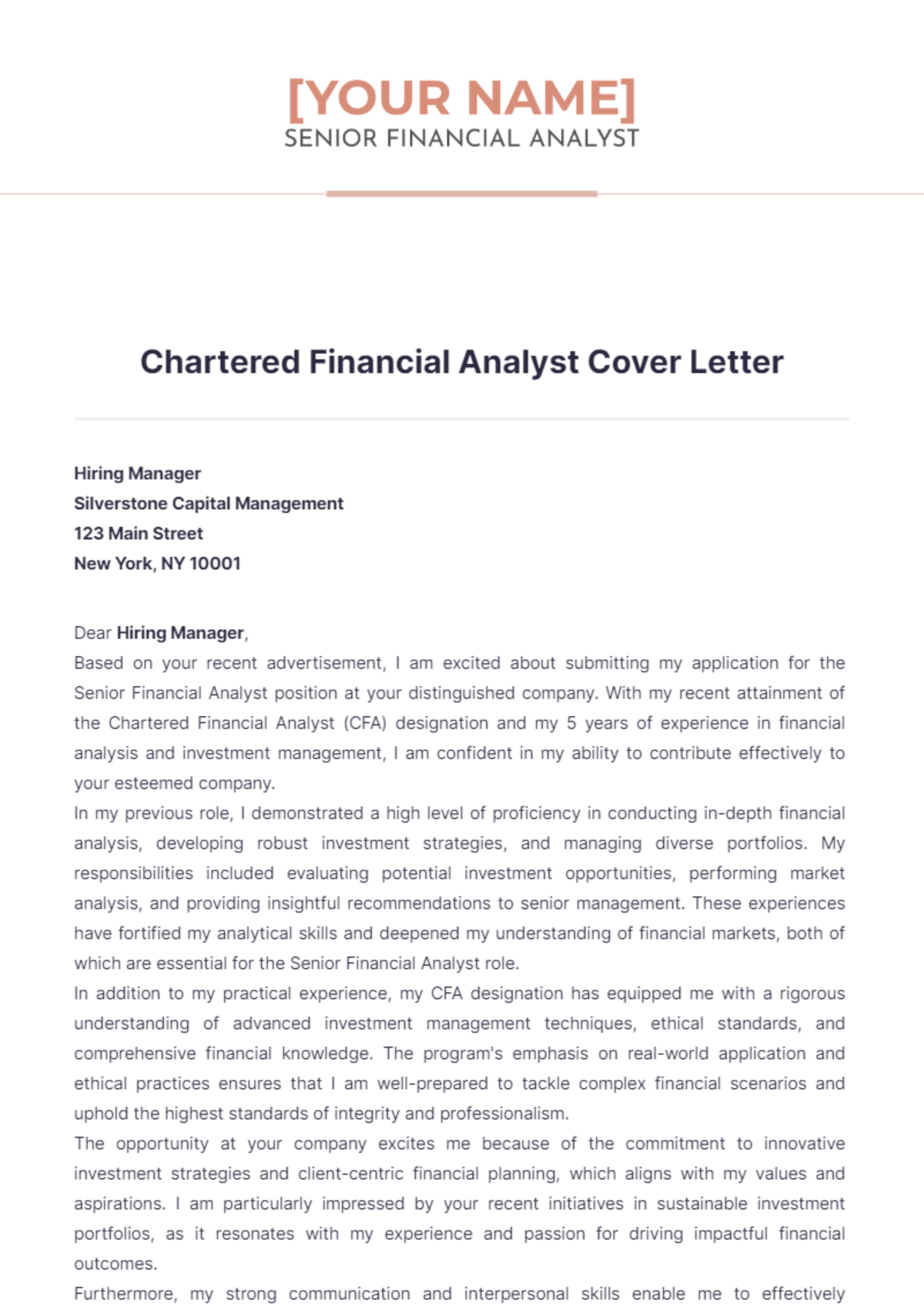 Chartered Financial Analyst Cover Letter