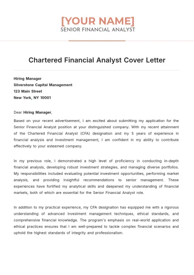 Free Chartered Financial Analyst Cover Letter to Edit Online