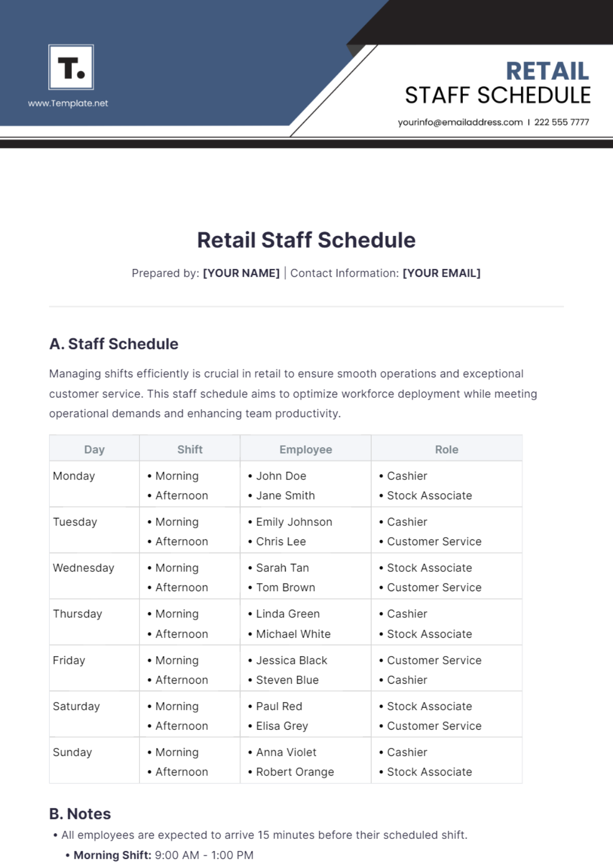 Retail Staff Schedule Template - Edit Online & Download