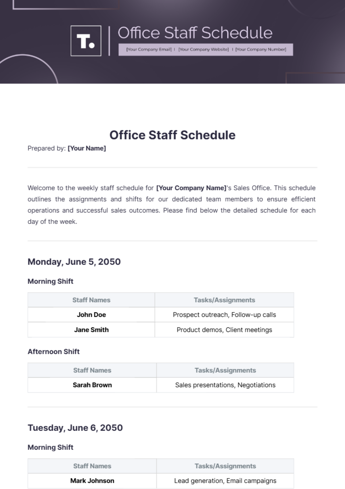 Office Staff Schedule Template - Edit Online & Download