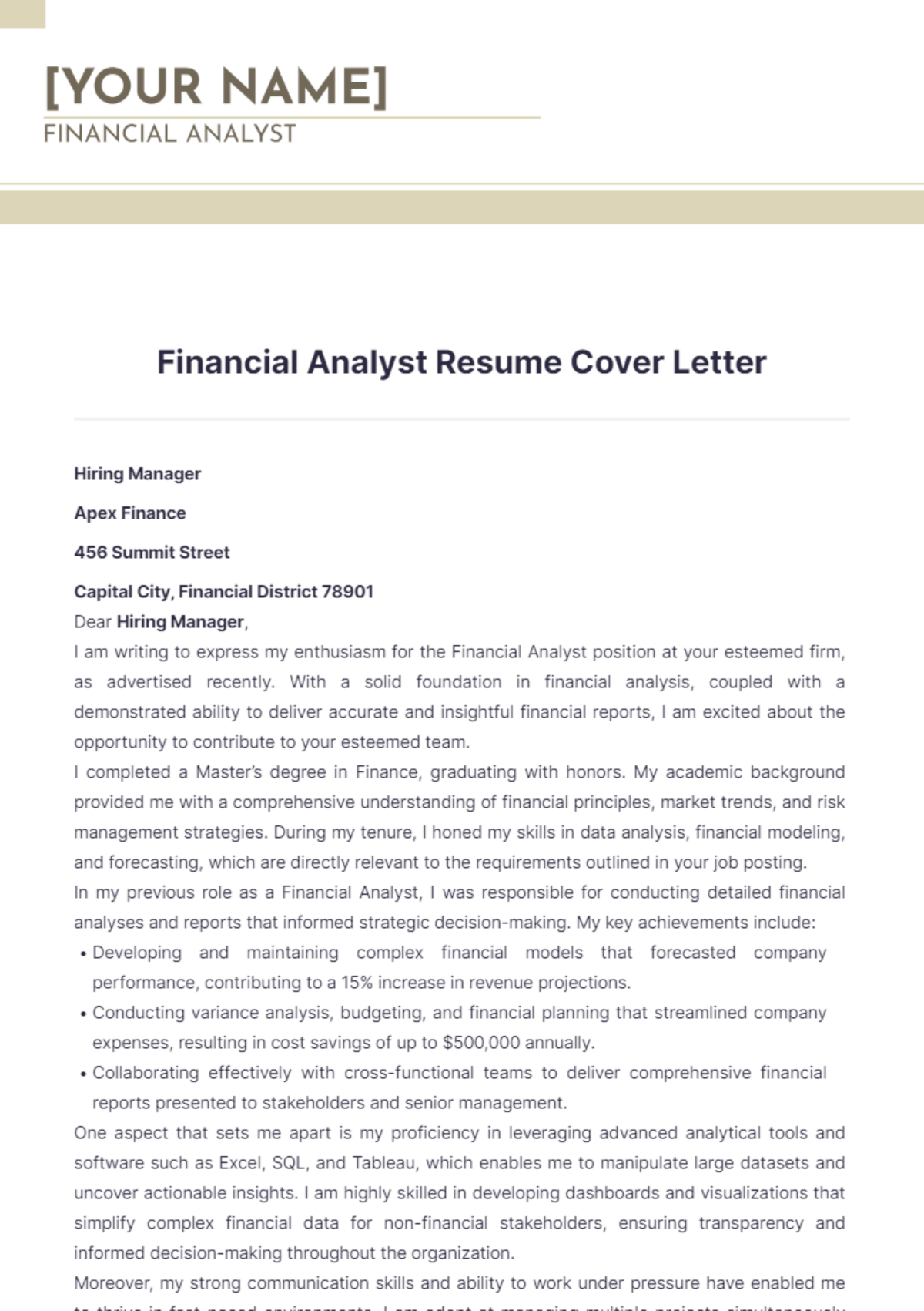 Financial Analyst Resume Cover Letter