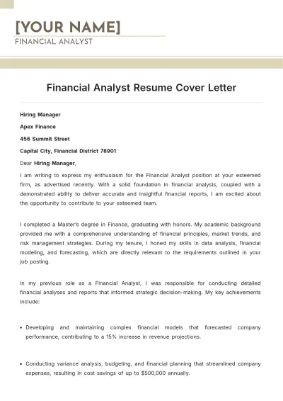 Free Financial Analyst Resume Cover Letter to Edit Online