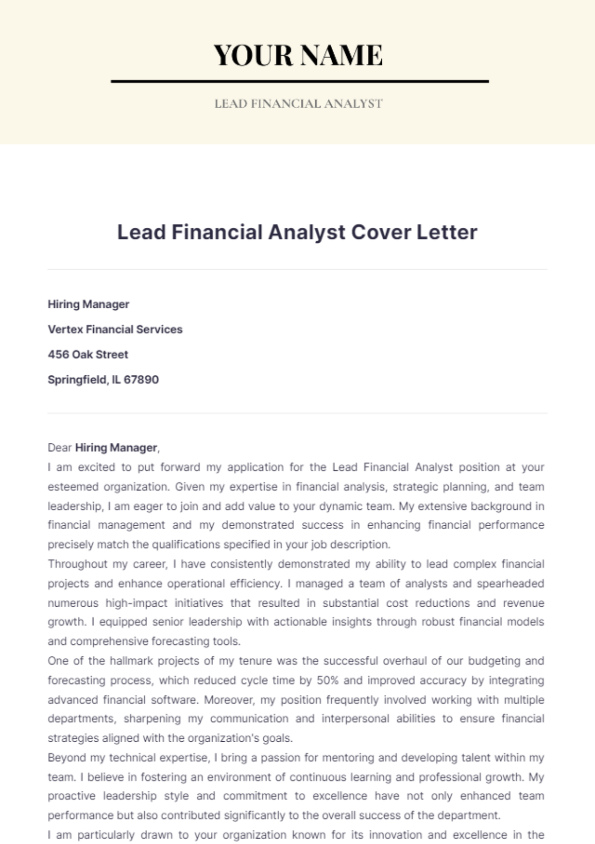 Lead Financial Analyst Cover Letter - Edit Online & Download