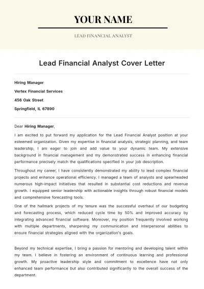 Free Lead Financial Analyst Cover Letter to Edit Online