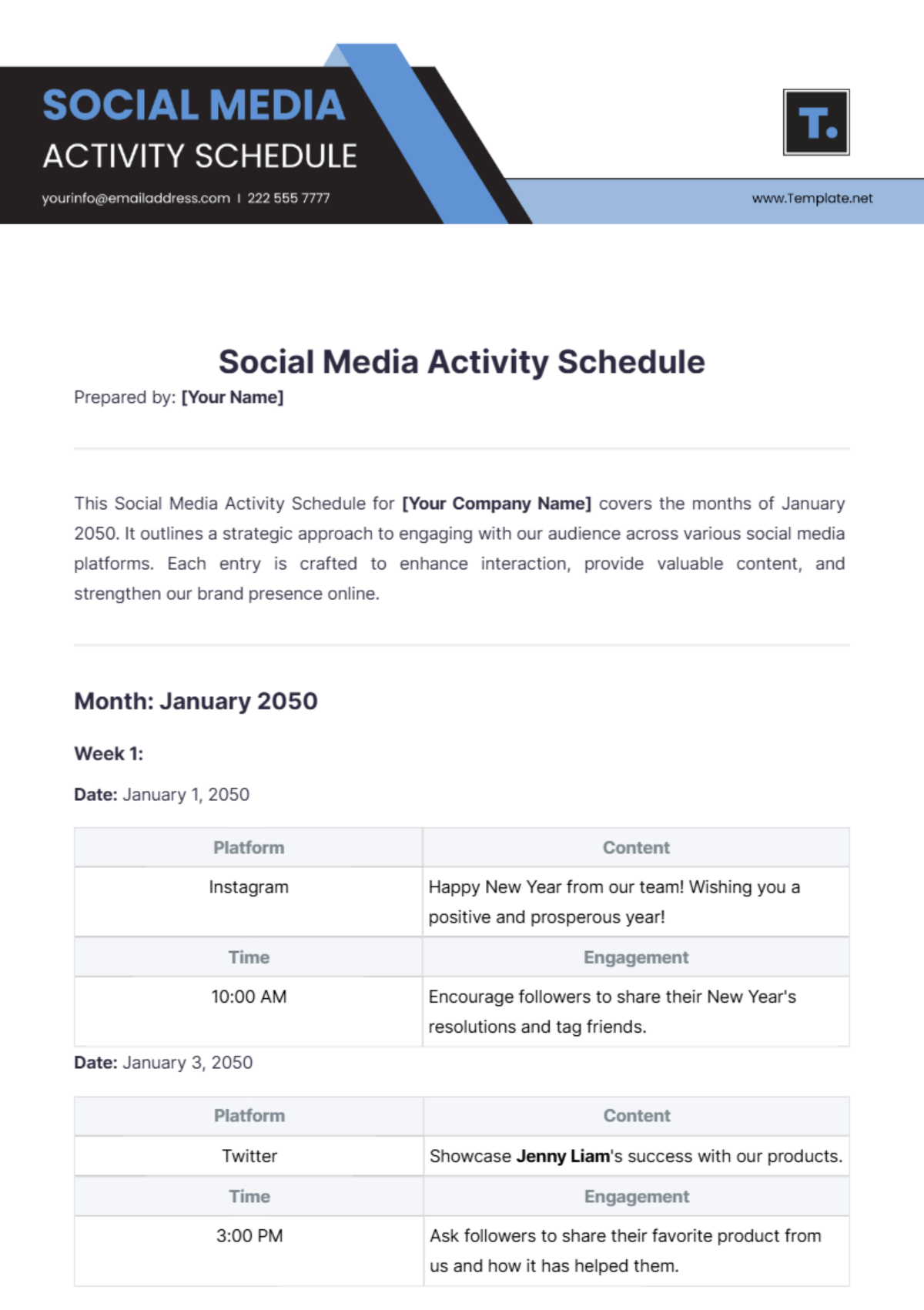 Social Media Activity Schedule Template - Edit Online & Download