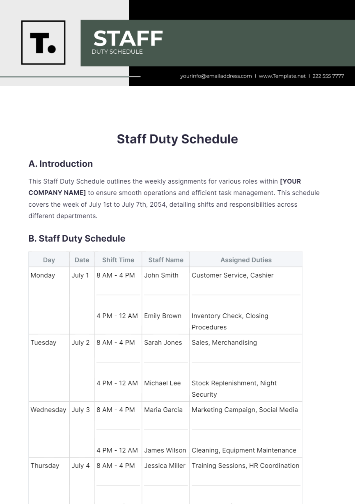 Staff Duty Schedule Template - Edit Online & Download