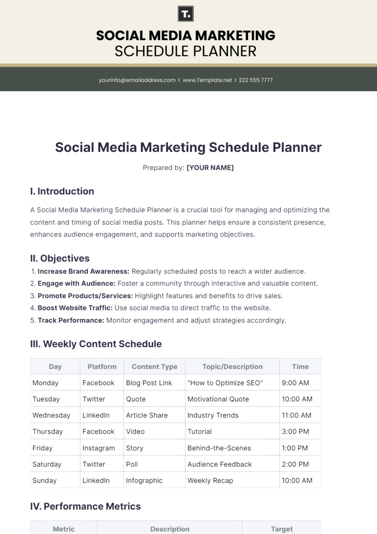 Social Media Marketing Schedule Planner Template - Edit Online & Download