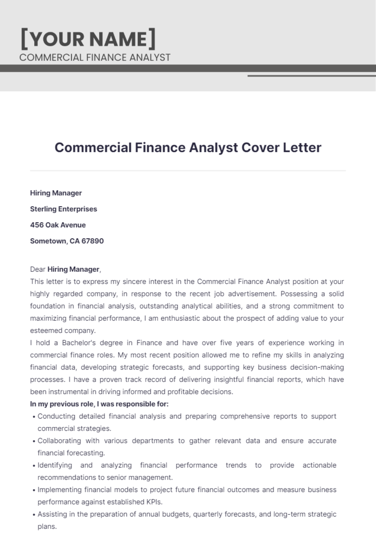 Commercial Finance Analyst Cover Letter - Edit Online & Download