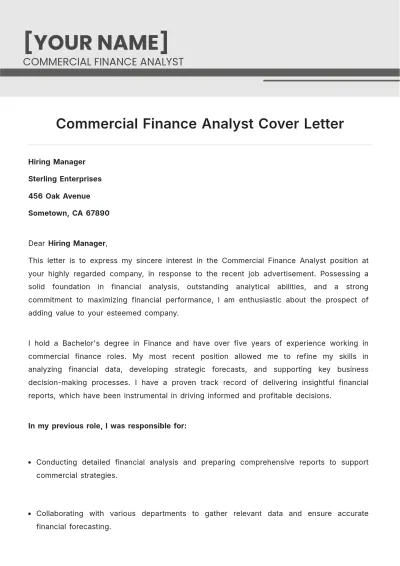 Free Commercial Finance Analyst Cover Letter to Edit Online