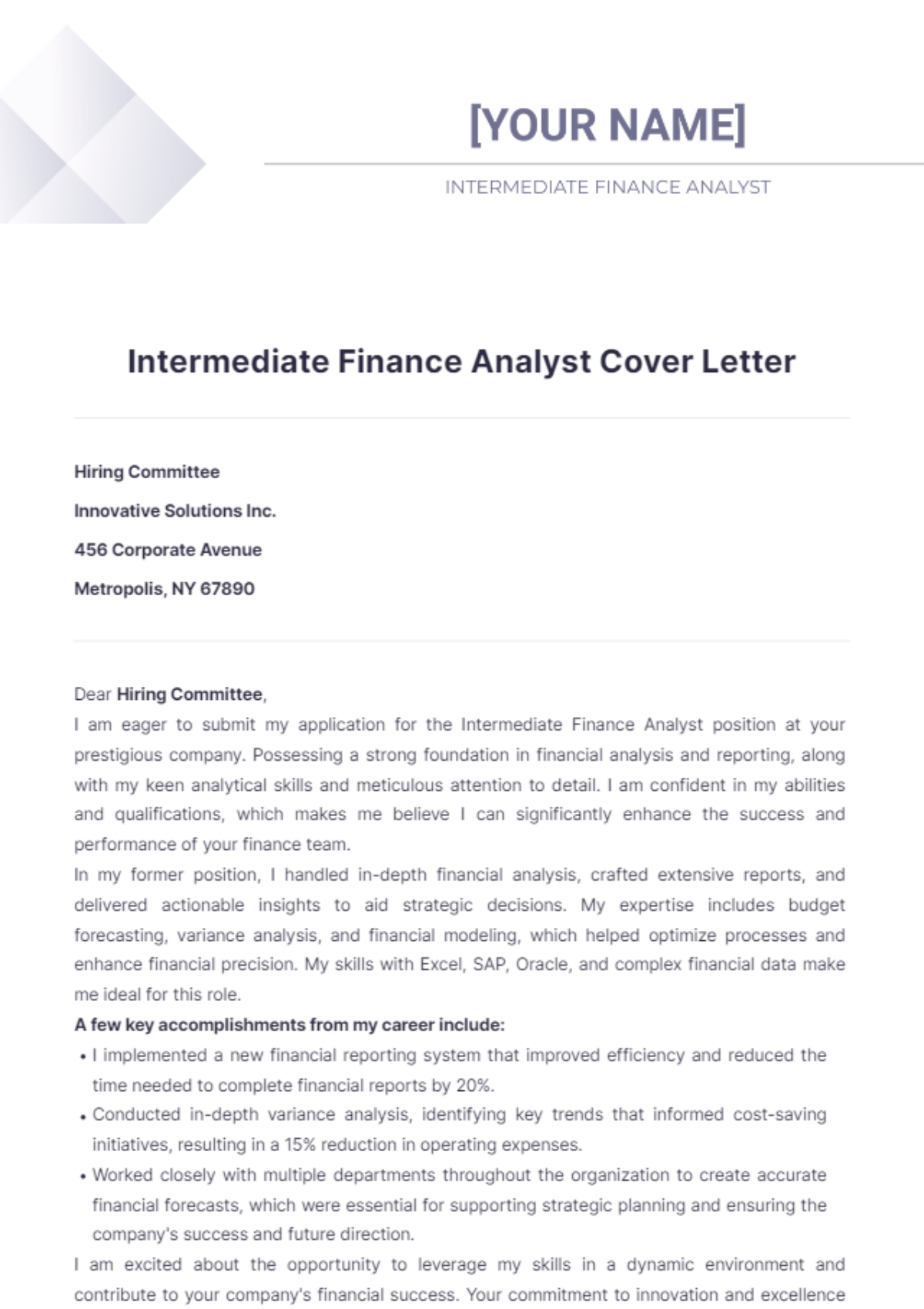 Intermediate Finance Analyst Cover Letter - Edit Online & Download