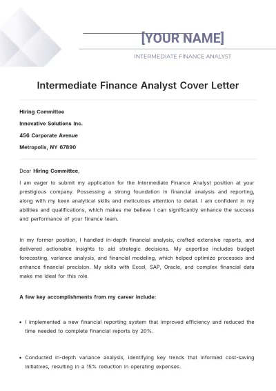 Free Intermediate Finance Analyst Cover Letter to Edit Online