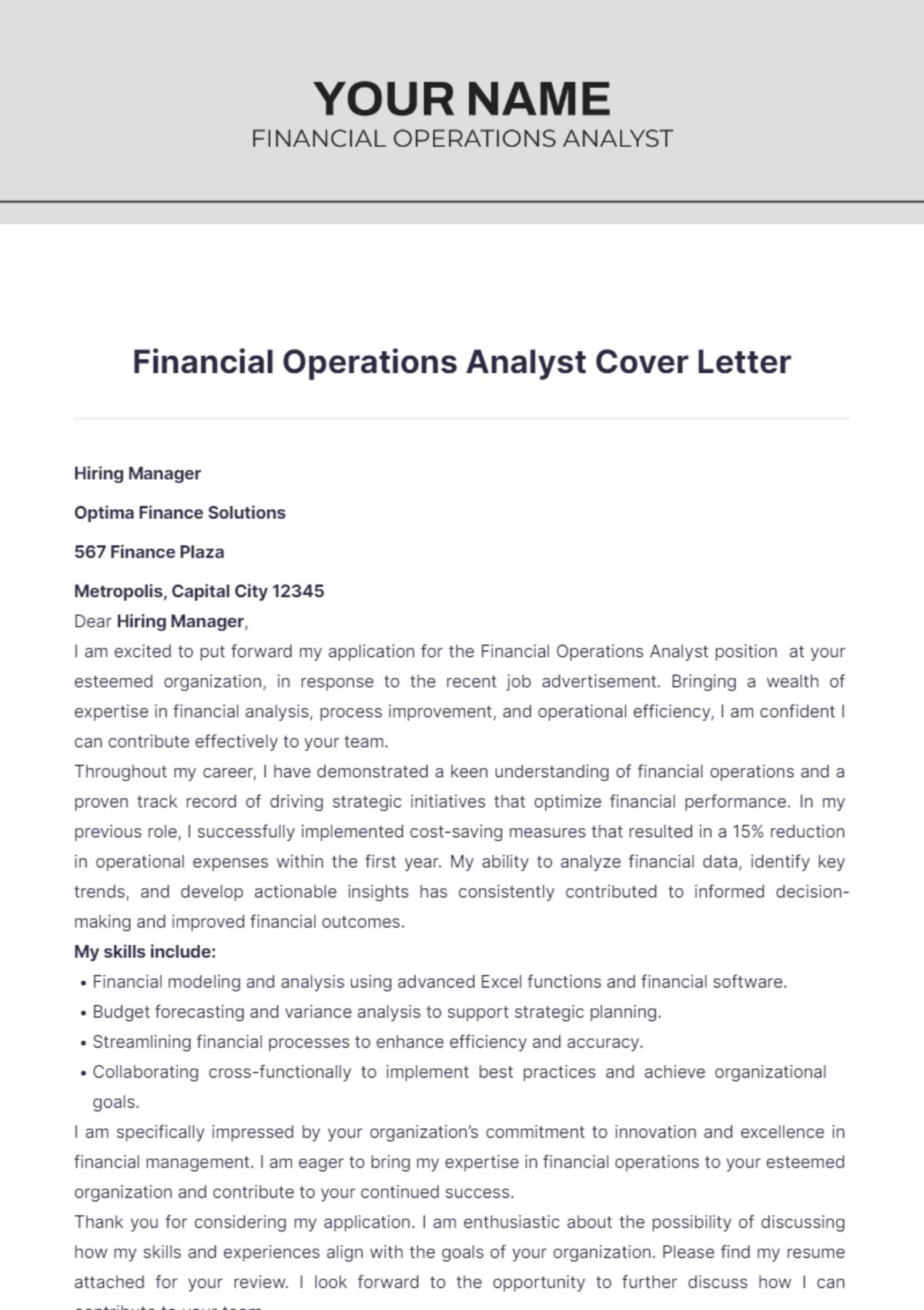 Financial Operations Analyst Cover Letter - Edit Online & Download