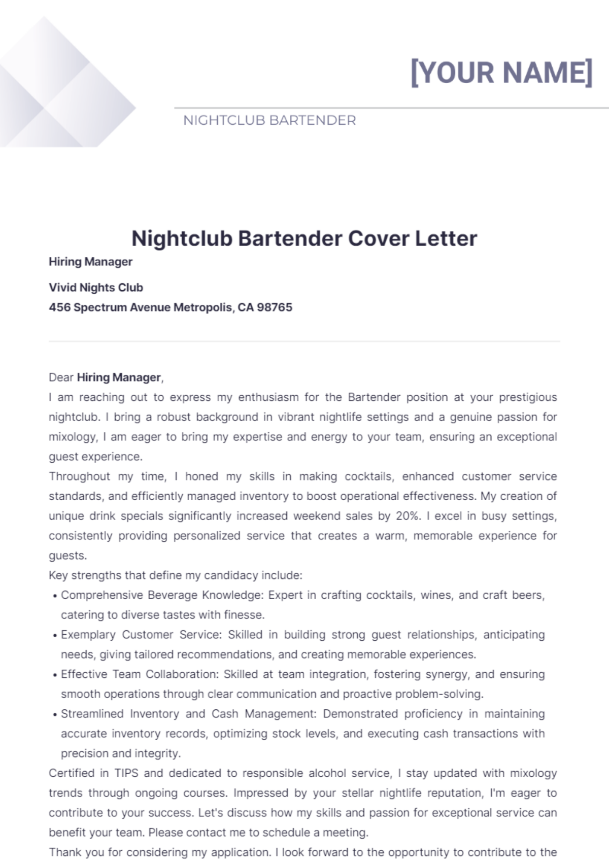 Nightclub Bartender Cover Letter - Edit Online & Download