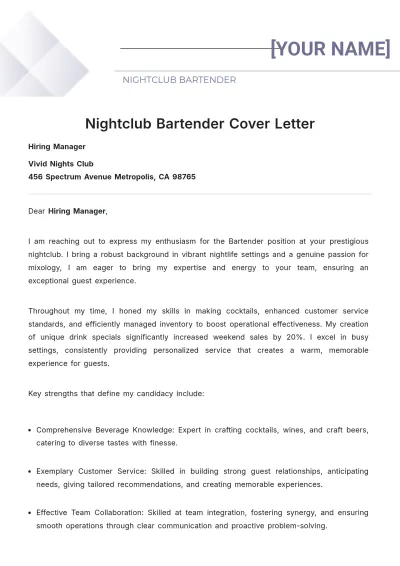Free Nightclub Bartender Cover Letter to Edit Online