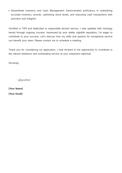 Free Nightclub Bartender Cover Letter to Edit Online