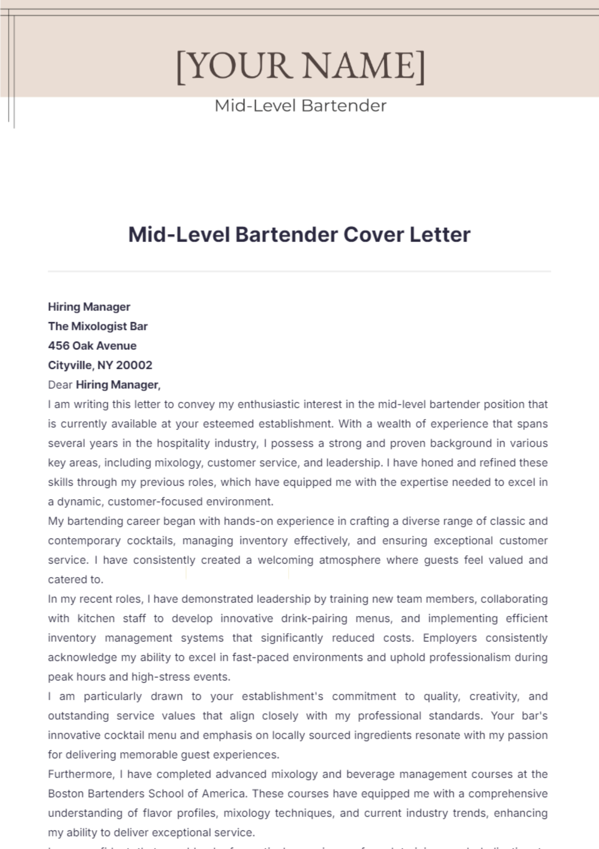 Mid-Level Bartender Cover Letter - Edit Online & Download